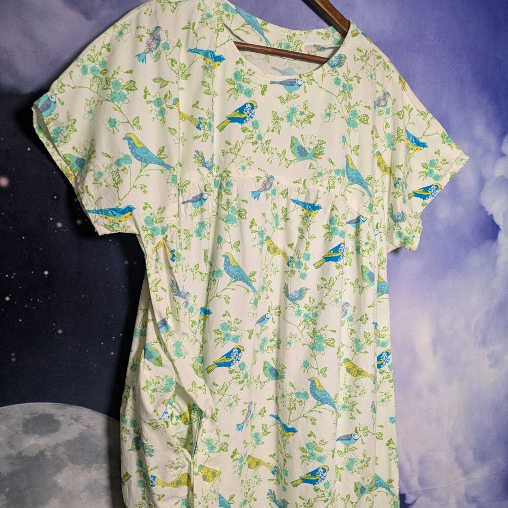 Handmade White Cotton Dress Birds Floral Cottagecore Prairie Housedress Modest - Picture 6 of 11
